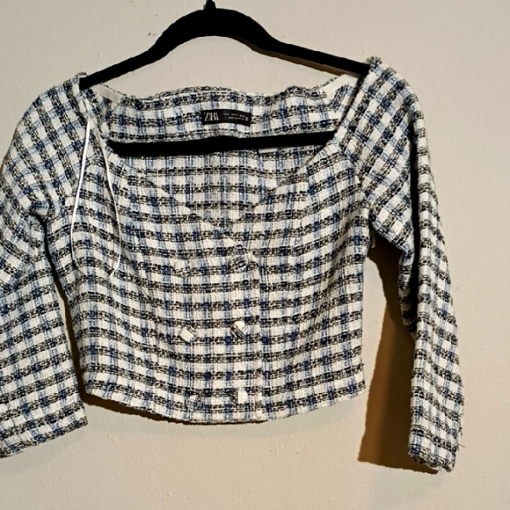 Zara Women's Blue and White Checkered Top